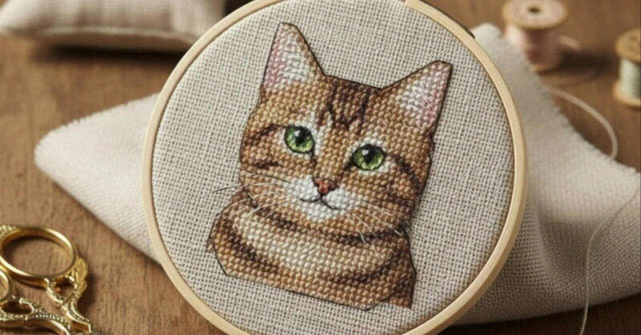 ChatGPTとGeminiで作成】 クロスステッチ風ネコ刺繍｜霧島 澪