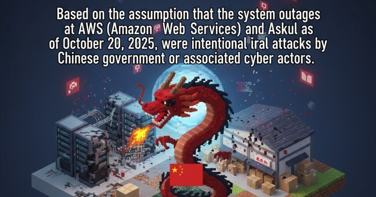 2025年10月20日時点でのAWS（Amazon Web Services）とAskul（アスクル）のシステム障害 が、中国政府または関連するサイバーアクターによる意図的な攻撃だったという仮定に基づくも｜TWLV32