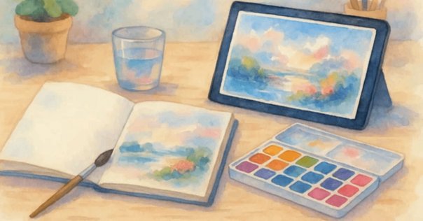 アクリル絵の具を使用した「青の風景」の描き方 / 初心者が簡単に絵を