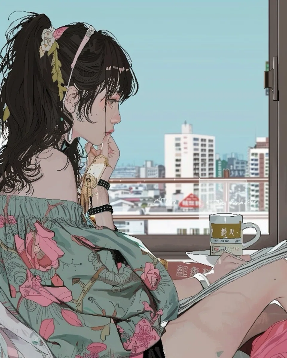 画像生成AIで描かれたイラスト。窓辺で本を読む若い女性。花柄のワンピースに身を包み、都会の景色を背景に静かな朝を過ごしている様子。湯気の立つカップと開いた本が、穏やかな日常と心を整える時間を象徴している。