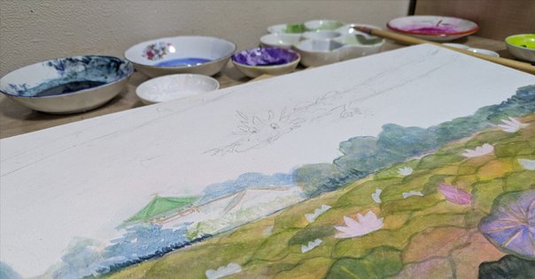 水彩画 上野公園 不忍池 蓮 水彩画(上野 公園額装済み) 水彩画 上野