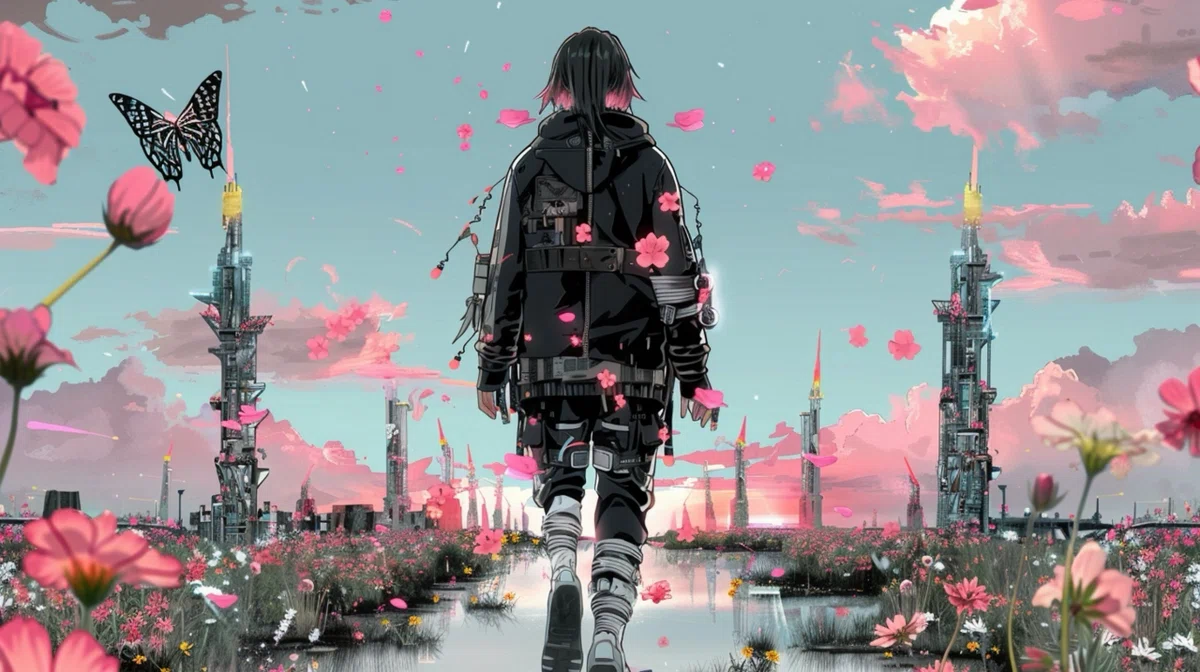 アニメ調の人物が黒いフード付きジャケットを着て、花畑の中を歩いている。空には蝶が舞い、ピンクの花びらが風に散っている。背景には近未来的な塔がそびえ、希望に向かう姿を象徴しているイラスト。
