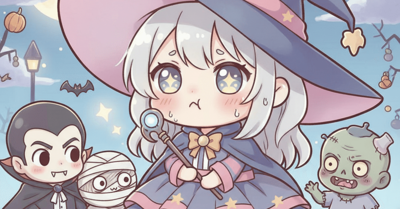 AIイラスト】さまよう創作ハロウィン｜ふくれ面のちびキャラ魔女｜メイシン