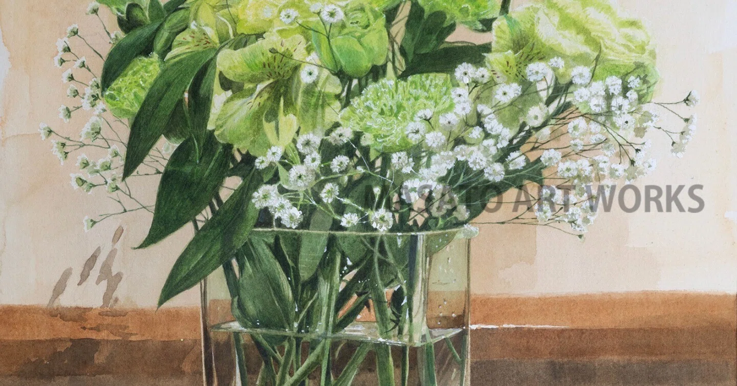 水彩で描くフラワーアート・・・ガラス器の透明感と可憐な花｜MASATO