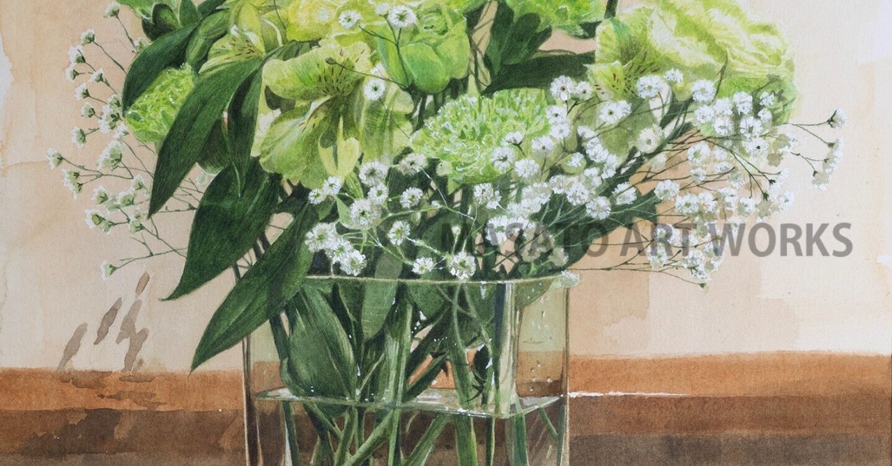 水彩アート「花とガラスの花活けⅢ₋B5」1点物、手描き、真筆。 水彩アート「花とガラスの花活けⅢ₋B5」1点物、手描き、真筆。