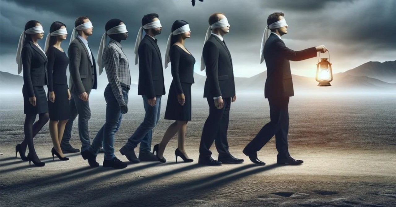 A line of blindfolded people following each other