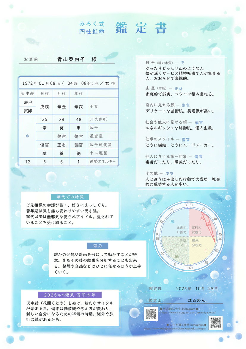 無料鑑定】みろく式四柱推命｜青山亞由子