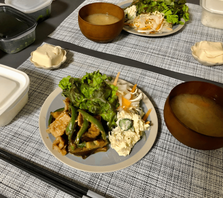 いつぞやの夕食🍚　豚肉のピリ辛のやつ、ポテサラ、味噌汁、豆腐の健康食🙌豆腐確実に皿のチョイス間違ってるよね🤣
包み隠さずありのまま形で載せる✊