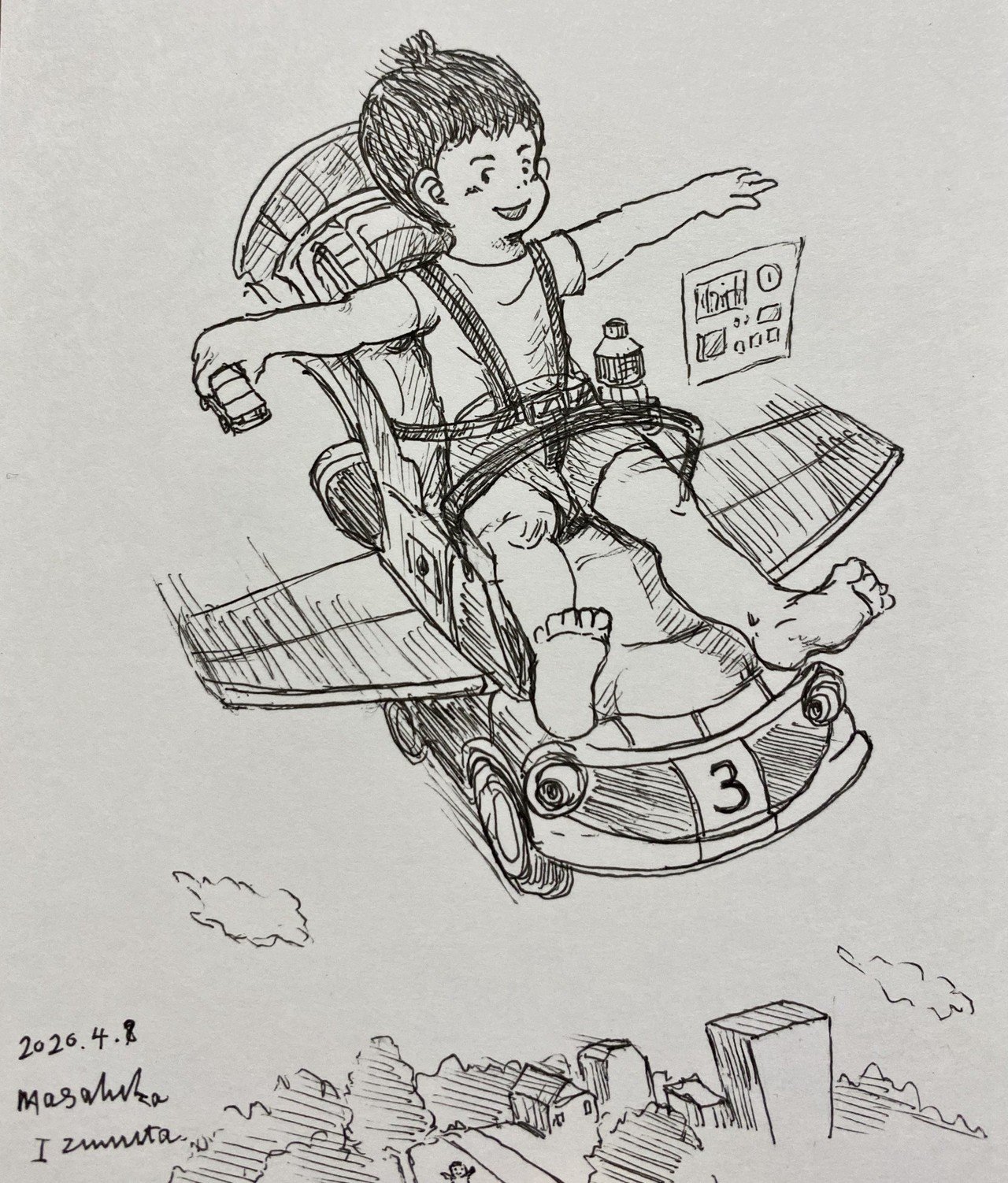 ひとっ飛びだい フライング マジック ベビーカー お絵かき ポストカードサイズ原画制作 Masa ペン画制作 英語 Toeic勉強の記録 Note