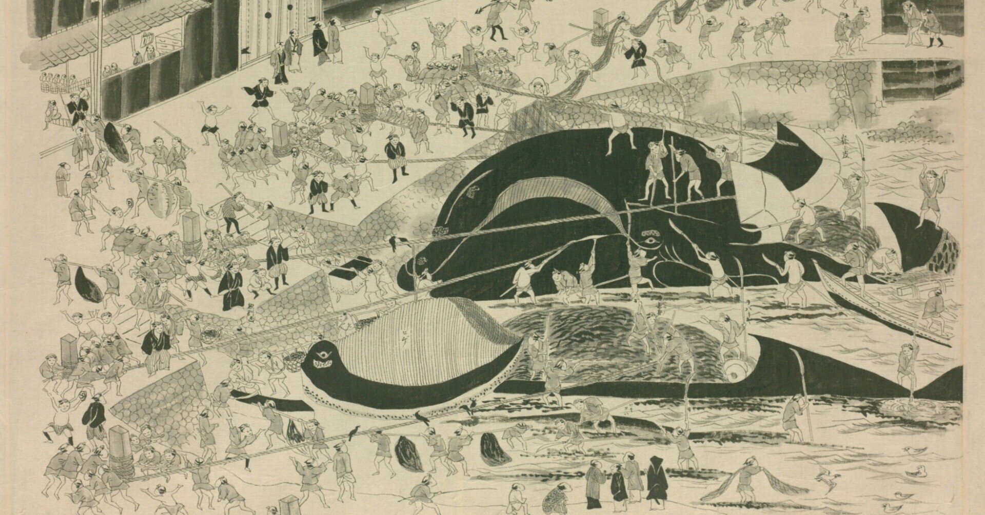 生月島捕鯨】勇魚取絵詞（6）生月御崎浦 納屋場脊美鯨切觧圖｜mominaina