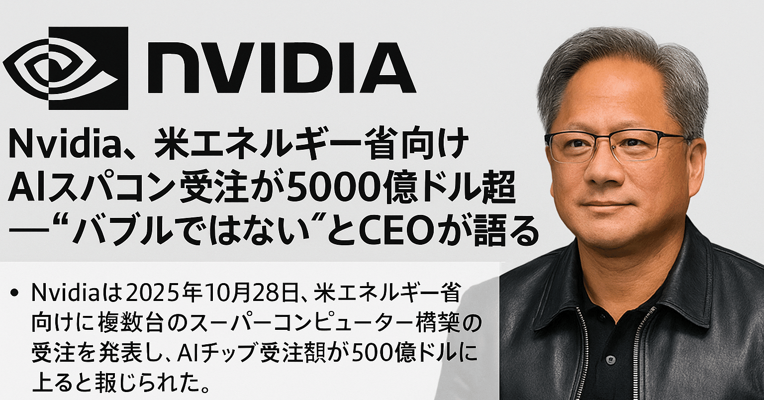 Nvidia、米エネルギー省向けAIスパコン受注が5000億ドル超――“バブルではない”とCEOが語る｜タカスケ