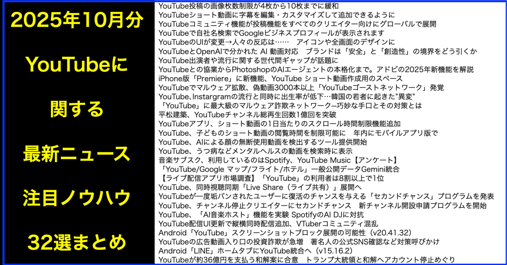 YouTube関連の最新ニュース・注目ノウハウ32選(2025年10月)｜(新潟県)長岡造形大学 情報リテラシー論 講師 横田秀珠