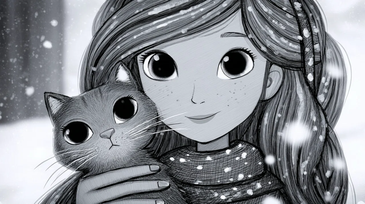 AIイラスト]猫を抱いた少女 雪原で 連続投稿チャレンジ7日目｜みぽぽ