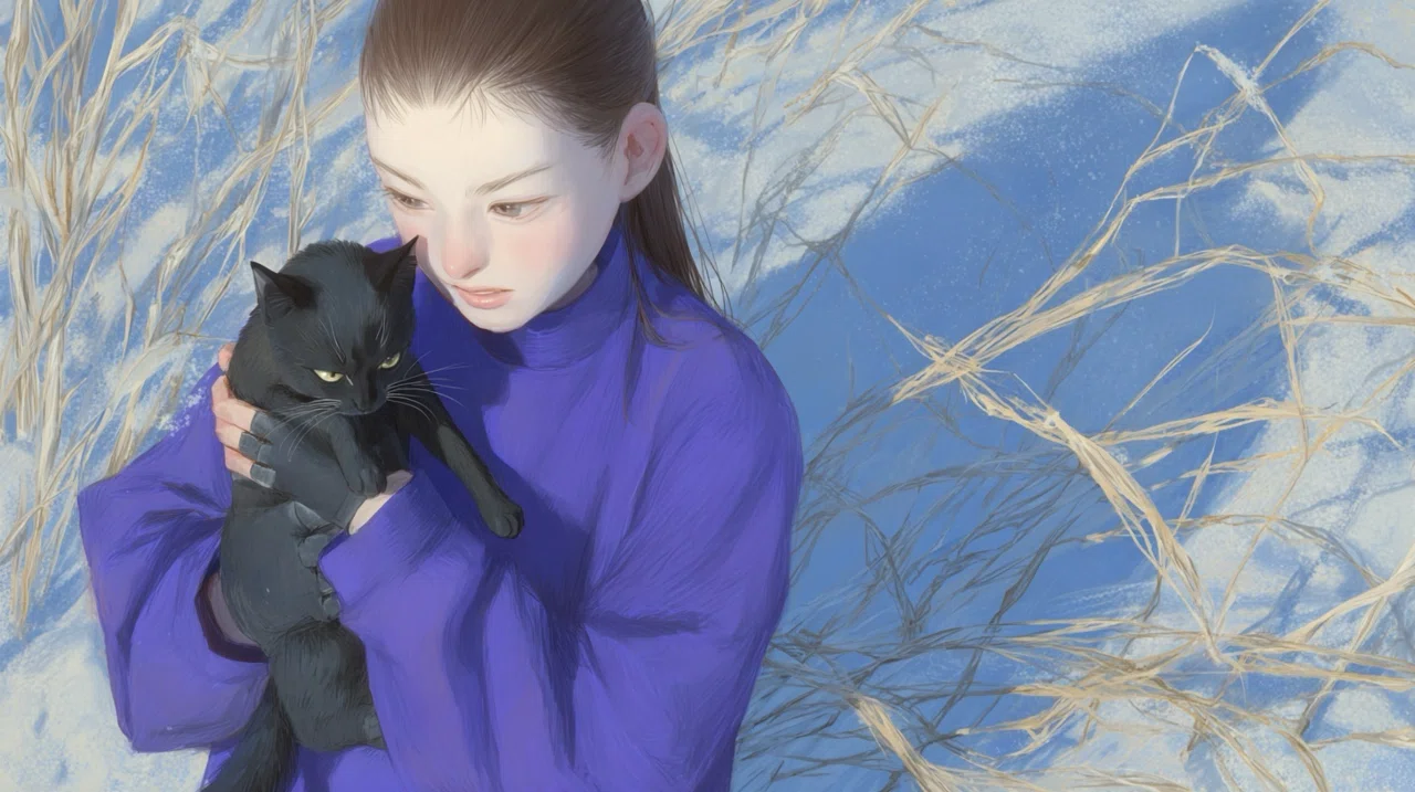 AIイラスト]猫を抱いた少女 雪原で 連続投稿チャレンジ7日目｜みぽぽ