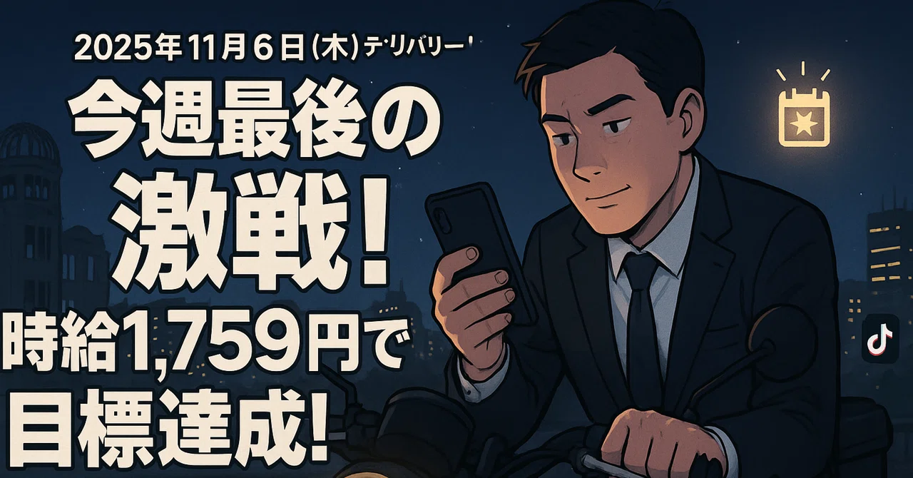 【11/6(木)配達日報】週の終盤戦！ギリギリ目標達成の時給1,759円。あと1日乗り切れば週末だ！｜広島デリバリー＆ネットビジネス奮闘記
