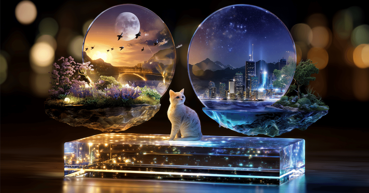 AIイラスト制作記｜Crystal Balance – 朝と夜を量る猫― 光と闇を見守る