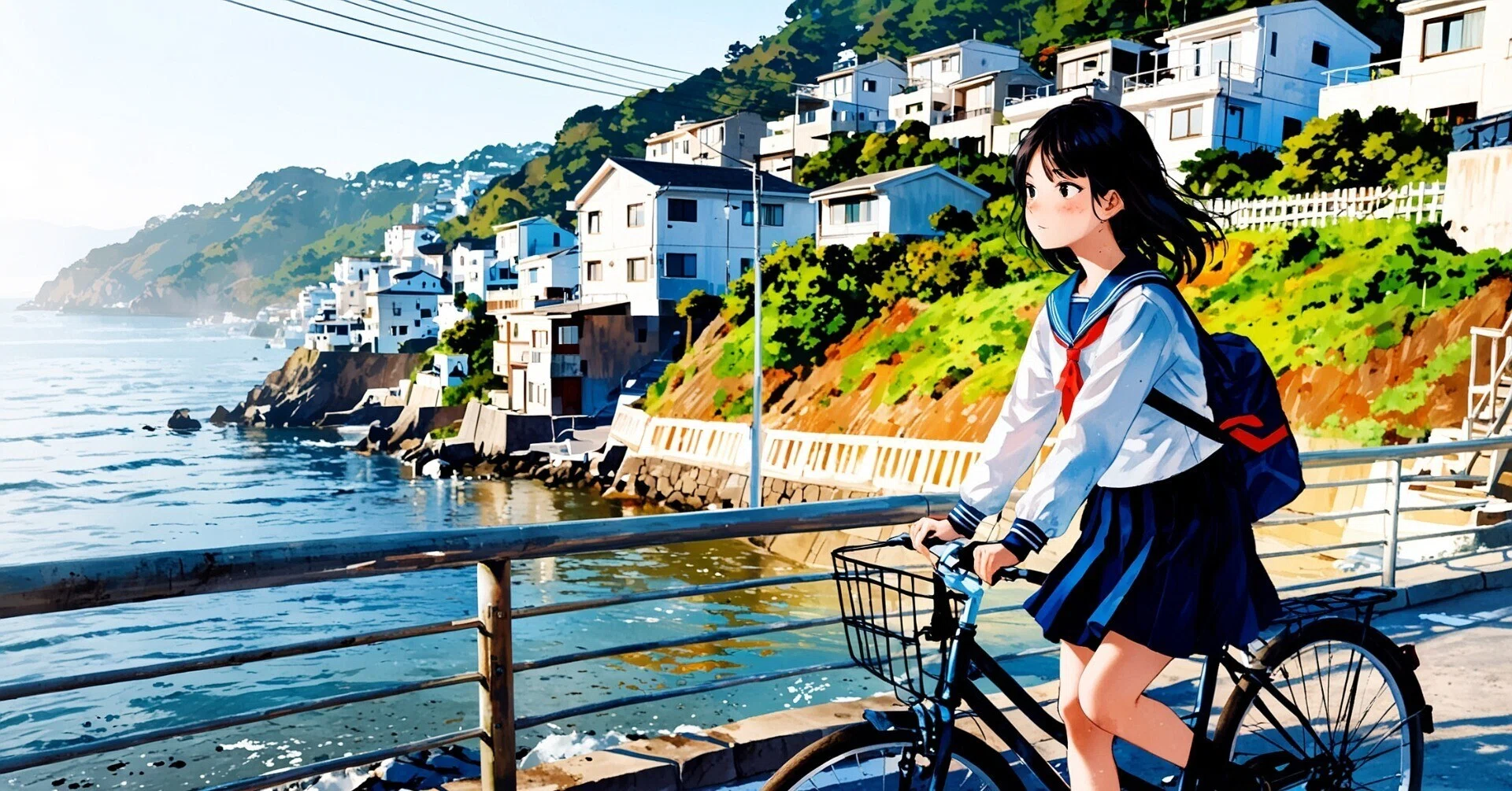 AIイラスト用プロンプト5個提供】海のある日常 ― 少女と、波の音のある