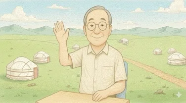 草原にゲル(遊牧民の家)が並ぶ穏やかな風景の中で、年配の男性がやさしく手を振っている。
薄いベージュのシャツを着て眼鏡をかけ、穏やかな笑顔を浮かべている。
背景には青い山並みと広い空が広がり、南国というよりもモンゴルの大地のような、のびやかで温かな空気を感じるイラストGIF。