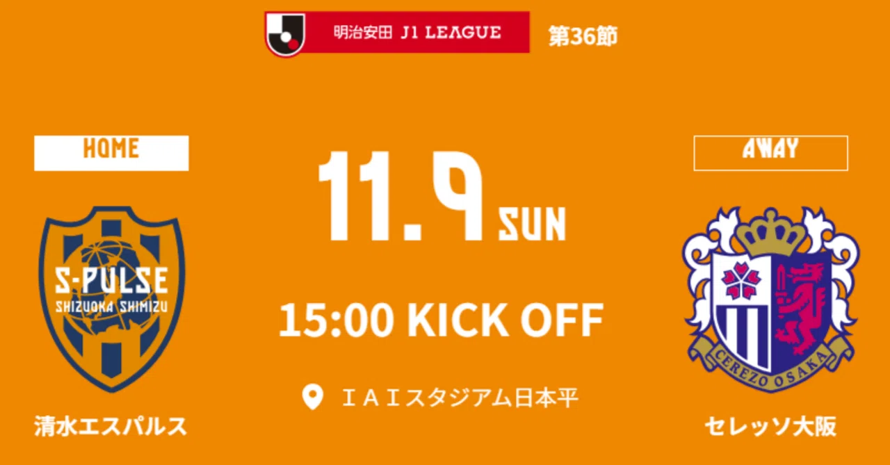 11月9日 IAIスタジアム 清水エスパルスvsセレッソ大阪 東サイド1階指定