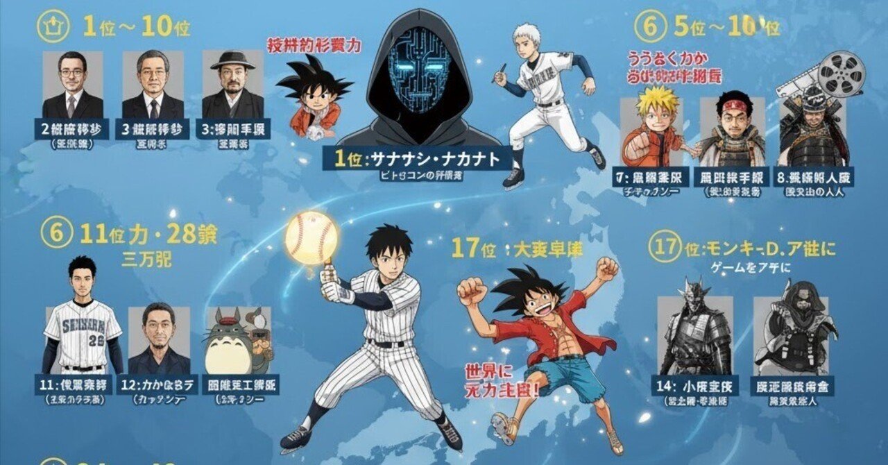 海外で有名な日本人といえば誰？の結果①サトシナカモト ②安倍晋三④羽生結弦⑤鳥山明⑦宮崎駿⑧黒澤明・・・イチロー、大谷翔平、三島由紀夫、三笘薫、野獣先輩、夜神月、孫悟空、東條英機、野比のび太、大坂なおみ｜2ch3ch5ch