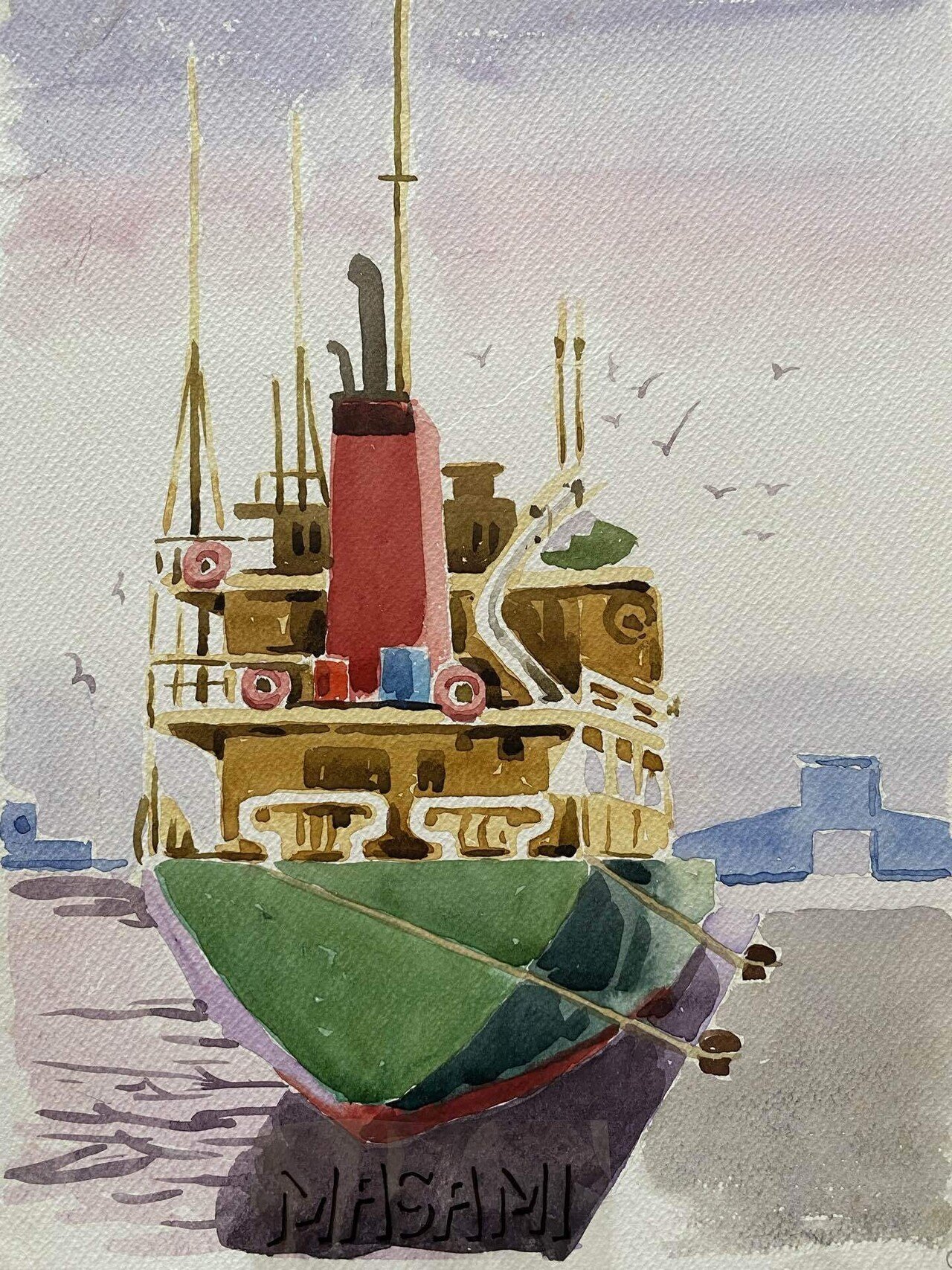 29 神園正美の透明水彩画 宮崎港のカラフルな船｜神園正美の透明水彩画