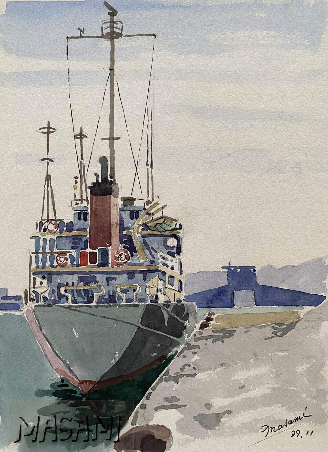 29 神園正美の透明水彩画 宮崎港のカラフルな船｜神園正美の透明水彩画