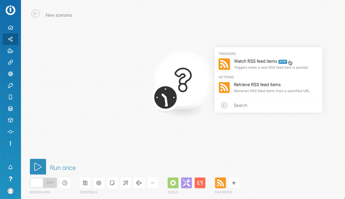 RSSのフィード項目を監視するトリガーを選択