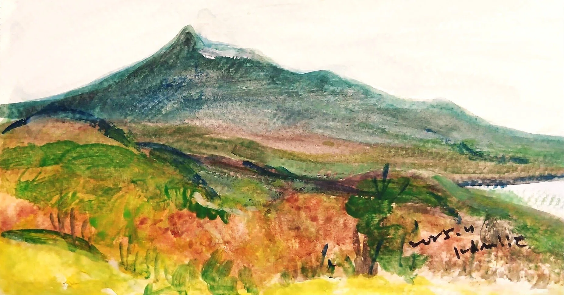 水彩画・甲斐駒ヶ岳を望むススキ野原・原画 水彩画・甲斐駒ヶ岳を望む
