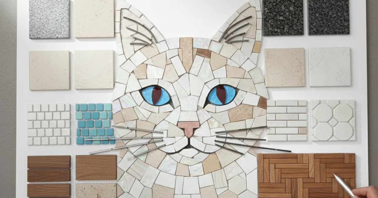 猫の絵、ものタイルに猫の絵を描いています。 AIとの学びの時間：猫 x モザイクタイルによるデザイン｜and Now