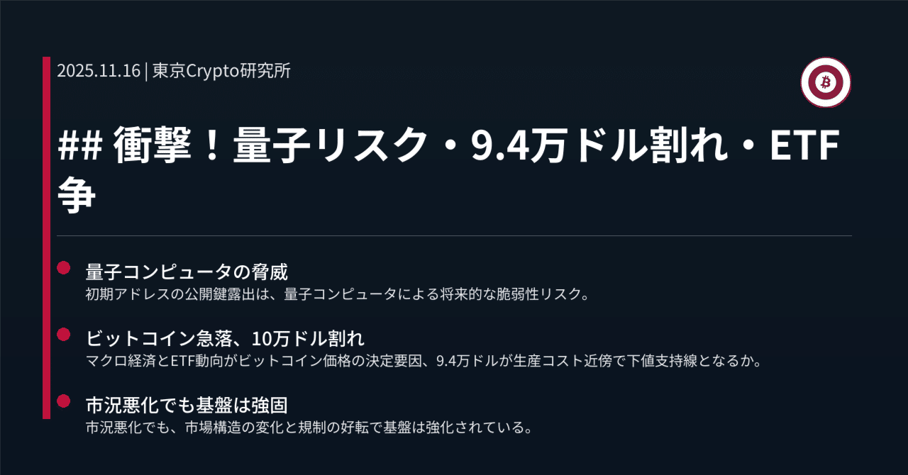 衝撃！量子リスク・9.4万ドル割れ・ETF争｜東京Crypto研究所