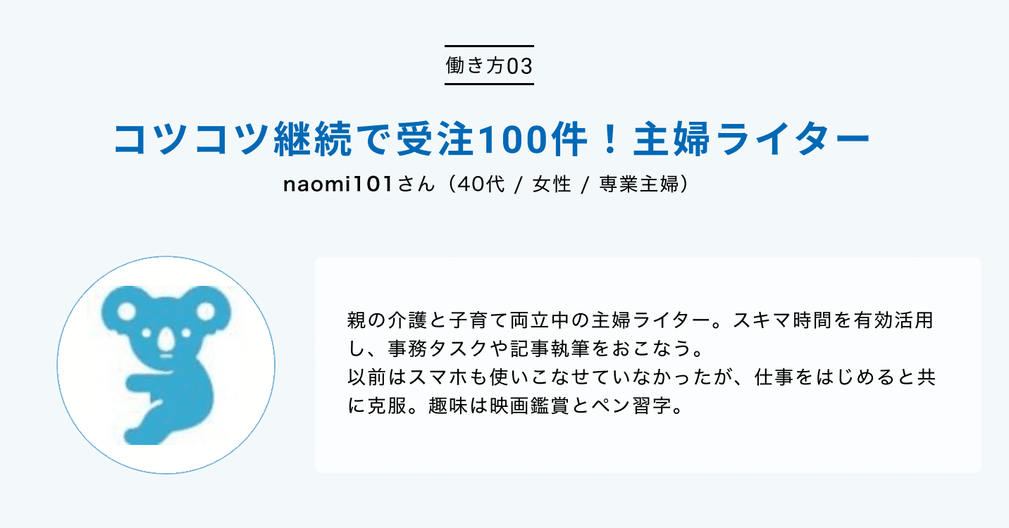 コツコツ継続で受注100件 主婦ライターnaomi101さんのクラウドワーキング 03 クラウドワークス クラウドカレッジ Note コツコツ継続で受注100件 主婦ライターnaomi101さんのクラウドワーキング 03 クラウドワークス クラウドカレッジ Note