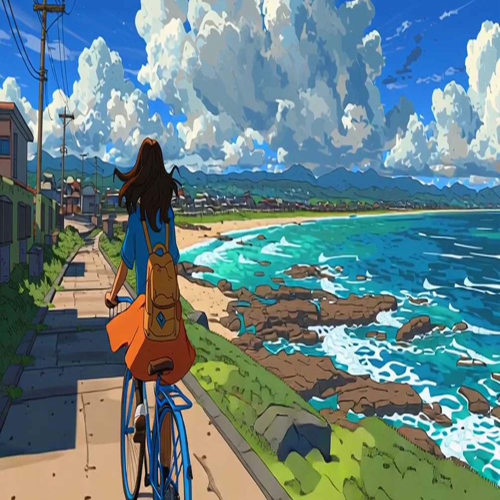 海と風を走るLofi動画｜自転車のループアニメにチャレンジ｜フルタニケンジ