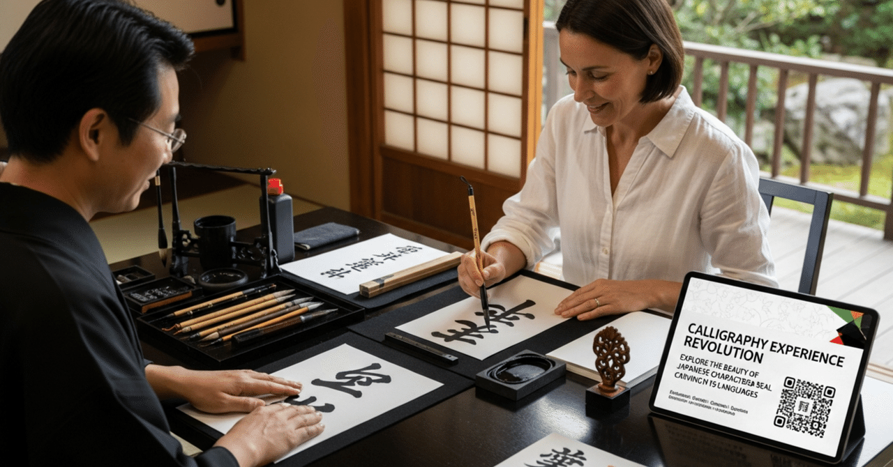 書道体験をする外国人