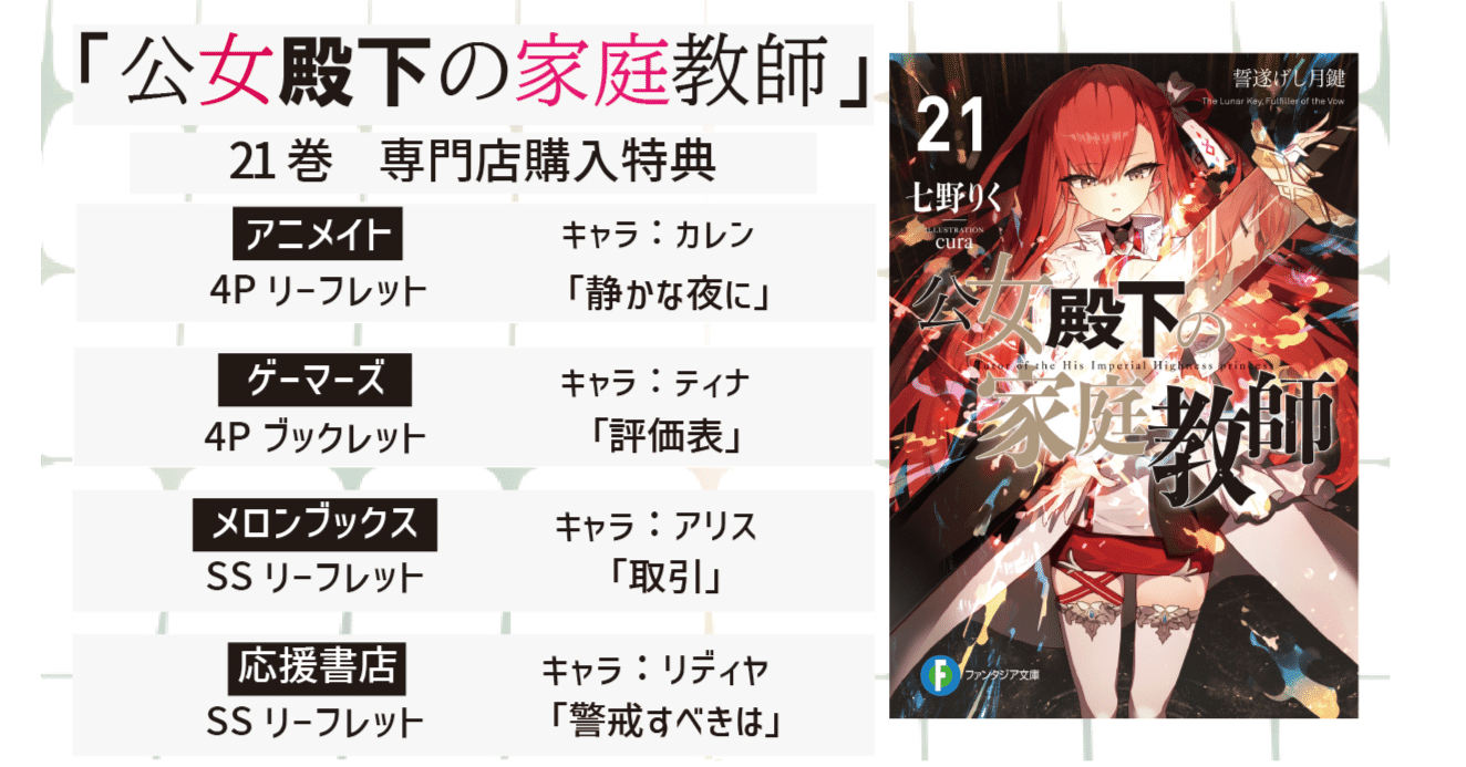 特典情報】「公女殿下の家庭教師21 誓遂げし月鍵」応援書店特典情報を