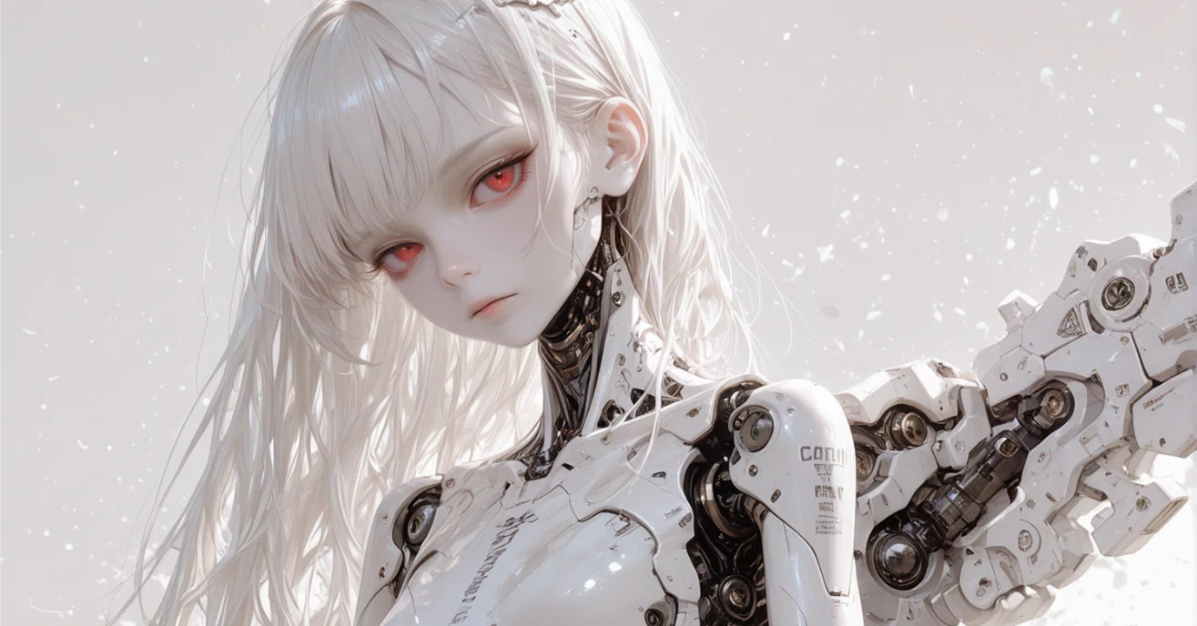 一点物 手描きアート サイボーグ少女 イラスト リアル AIイラスト】白サイボーグ娘さん｜つみき