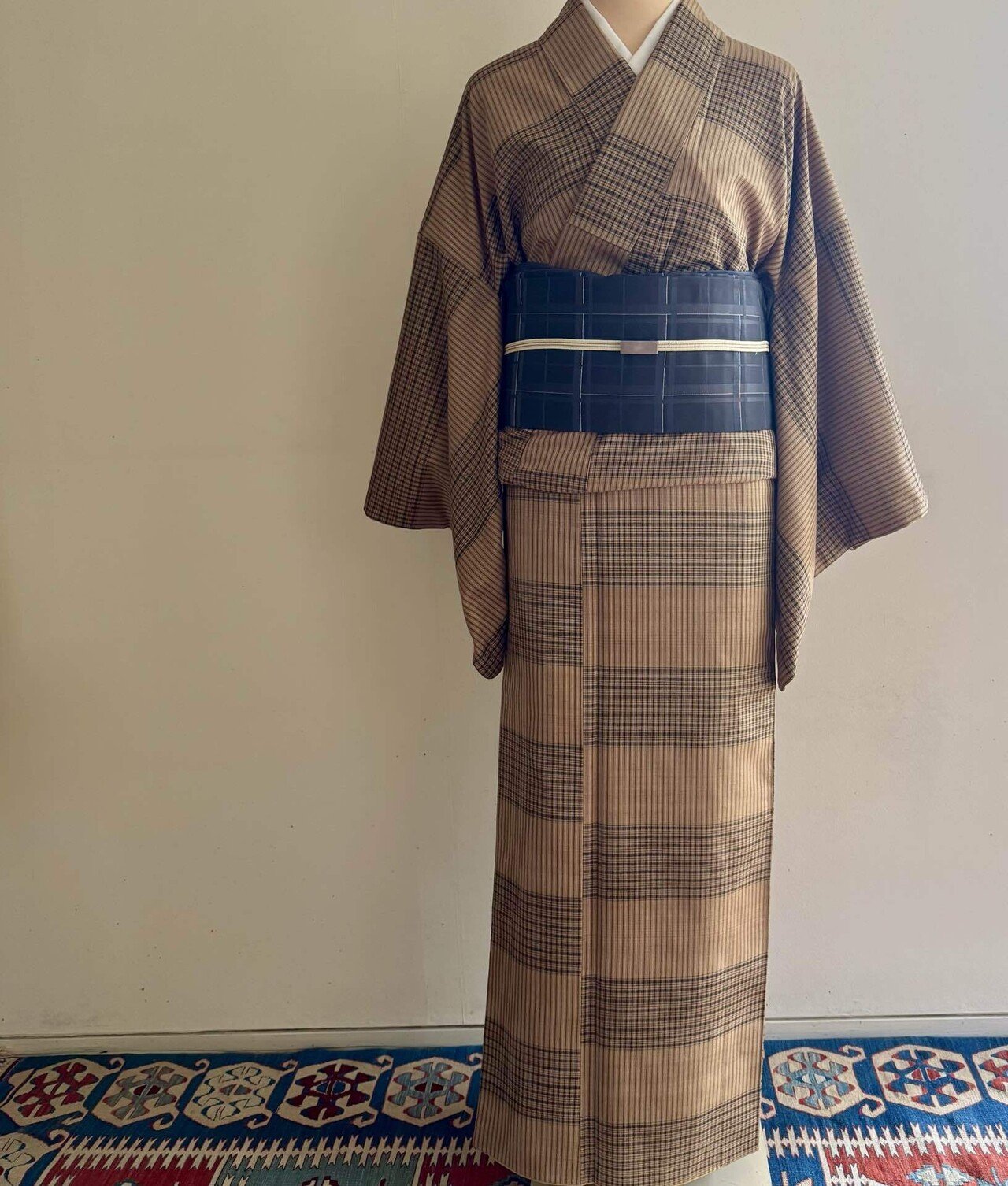 横段格子と縞の紬着物｜夢吉きもの