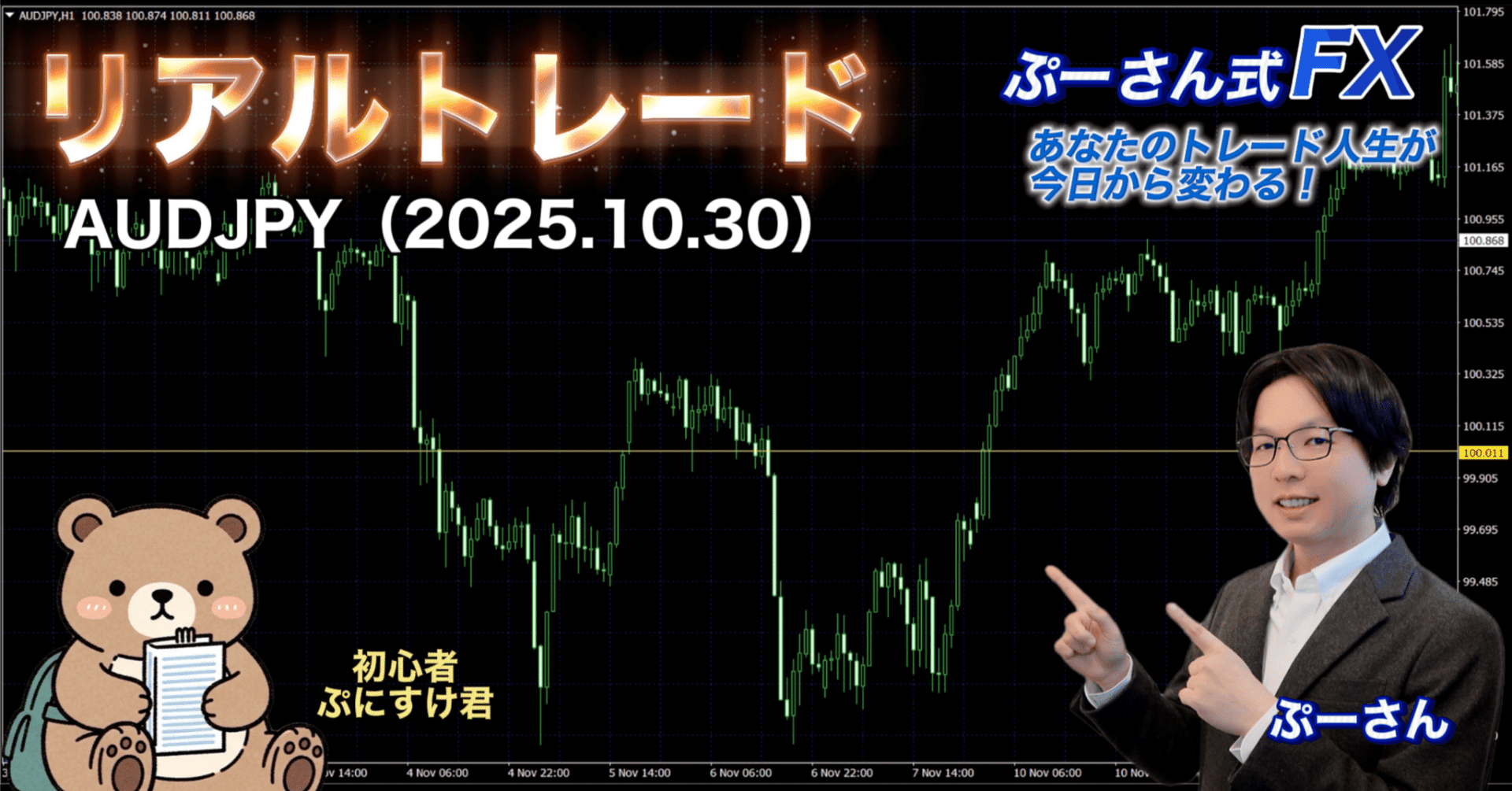 リアルトレード解説】2025.11.05 AUDJPYの“敗戦トレード”を振り返る：100円ラインで何が起きたのか｜ぷーさん式FX