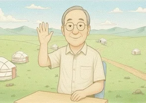 草原にゲル（遊牧民の家）が並ぶ穏やかな風景の中で、年配の男性がやさしく手を振っている。
 薄いベージュのシャツを着て眼鏡をかけ、穏やかな笑顔を浮かべている。
 背景には青い山並みと広い空が広がり、南国というよりもモンゴルの大地のような、のびやかで温かな空気を感じるイラストGIF。