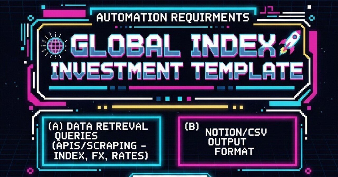 グローバル版インデックス投資テンプレート」の自動化に必要となる（A）データ取得用クエリ一覧（各指数・為替・金利の API /  スクレイピング）&（B）Notion / CSV 出力フォーマット｜TWLV32