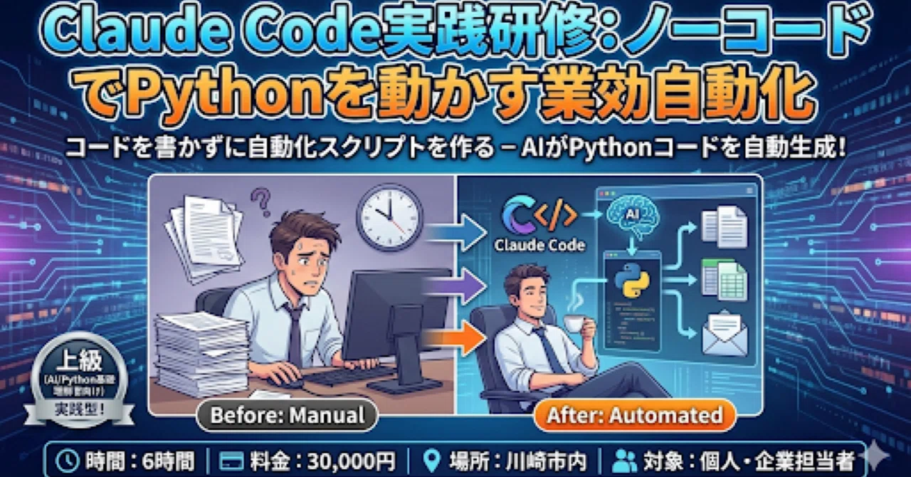 Claude Code実践研修：ノーコードでPythonを動かす業効自動化 – コードを書かずに自動化スクリプトを作る｜かわさき楽AIサポート ...