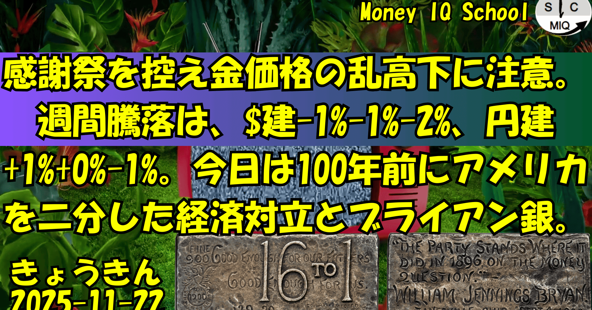 11-22 感謝祭を控え金価格の乱高下に注意。週間騰落は、$建-1%-1%-2%、円建+1%+0%-1%。今日は100年前にアメリカを二分した経済対立とブライアン銀。  (389) きょうきんGT｜yoshino.toru