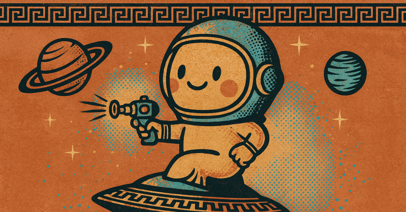 AI画像生成】“古代ギリシャ壺絵”と“レトロアメコミ”を混ぜる、時空を