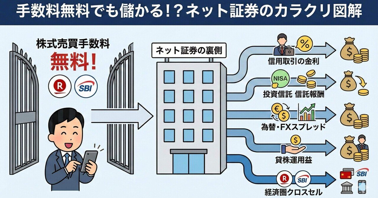 株式小噺】楽天証券やSBI証券、「手数料無料」でも儲ける裏技とは？｜初心者でも株式投資がわかるnote(by 投資好きサラリーマン)