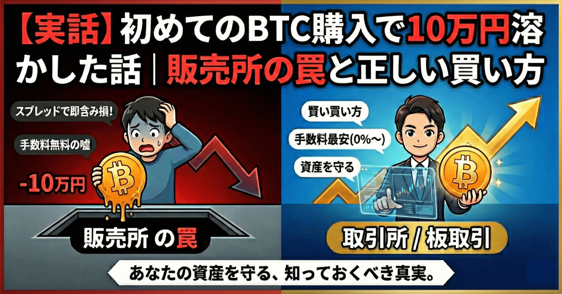 実話】初めてのBTC購入で10万円溶かした話｜販売所の罠と正しい買い方｜風威