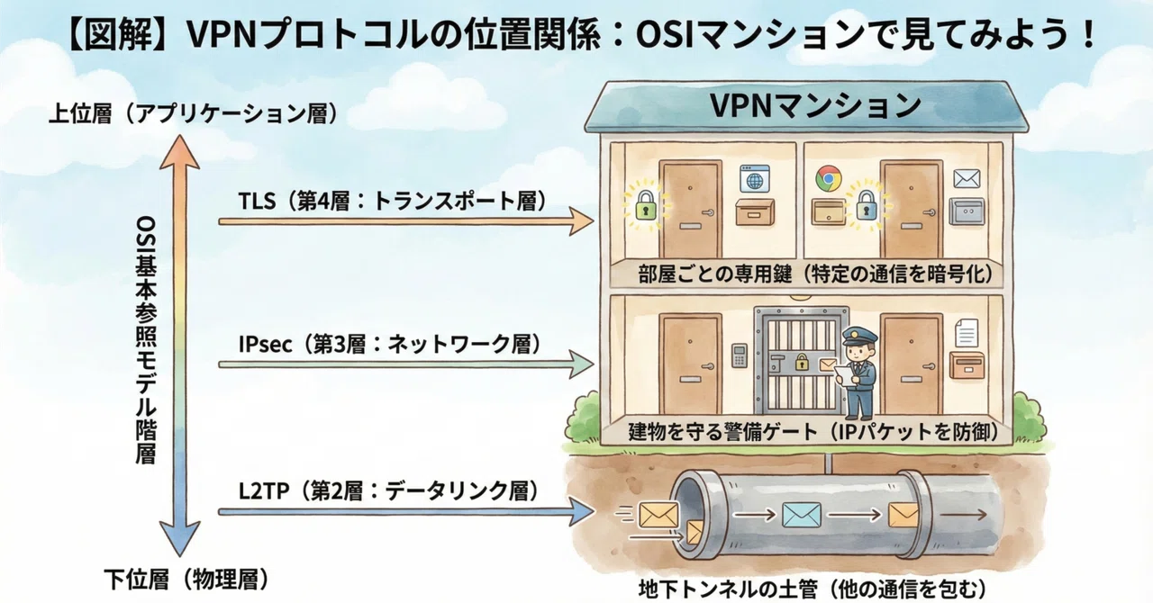 【図解】IPsec、L2TP、TLS…どっちが上？ VPNプロトコルを「宅配便」で完全攻略！｜さくら｜セキスペ×アウトプット