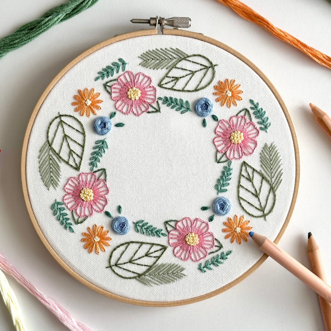 PDF図案【ボタニカルリース‐colorful‐】｜はなこまち/刺繍作家