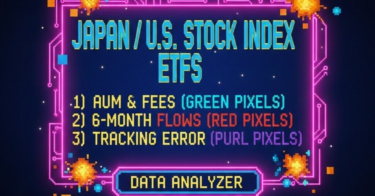 現状公開されているデータをもとに、代表的な日本／米国株インデックス（TOPIX・日経平均株価 (Nikkei 225)・S&P 500）連動 ETF  の (① ETF別 AUM／信託報酬)、(② 過去6｜TWLV32
