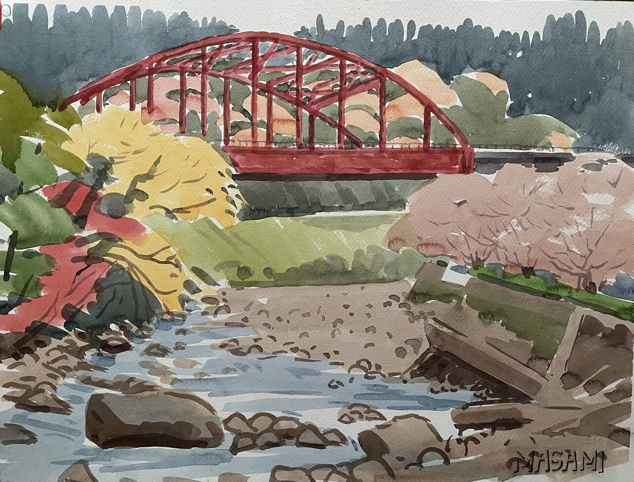 31 神園正美の透明水彩画 赤い鉄橋と紅葉｜神園正美の透明水彩画@note