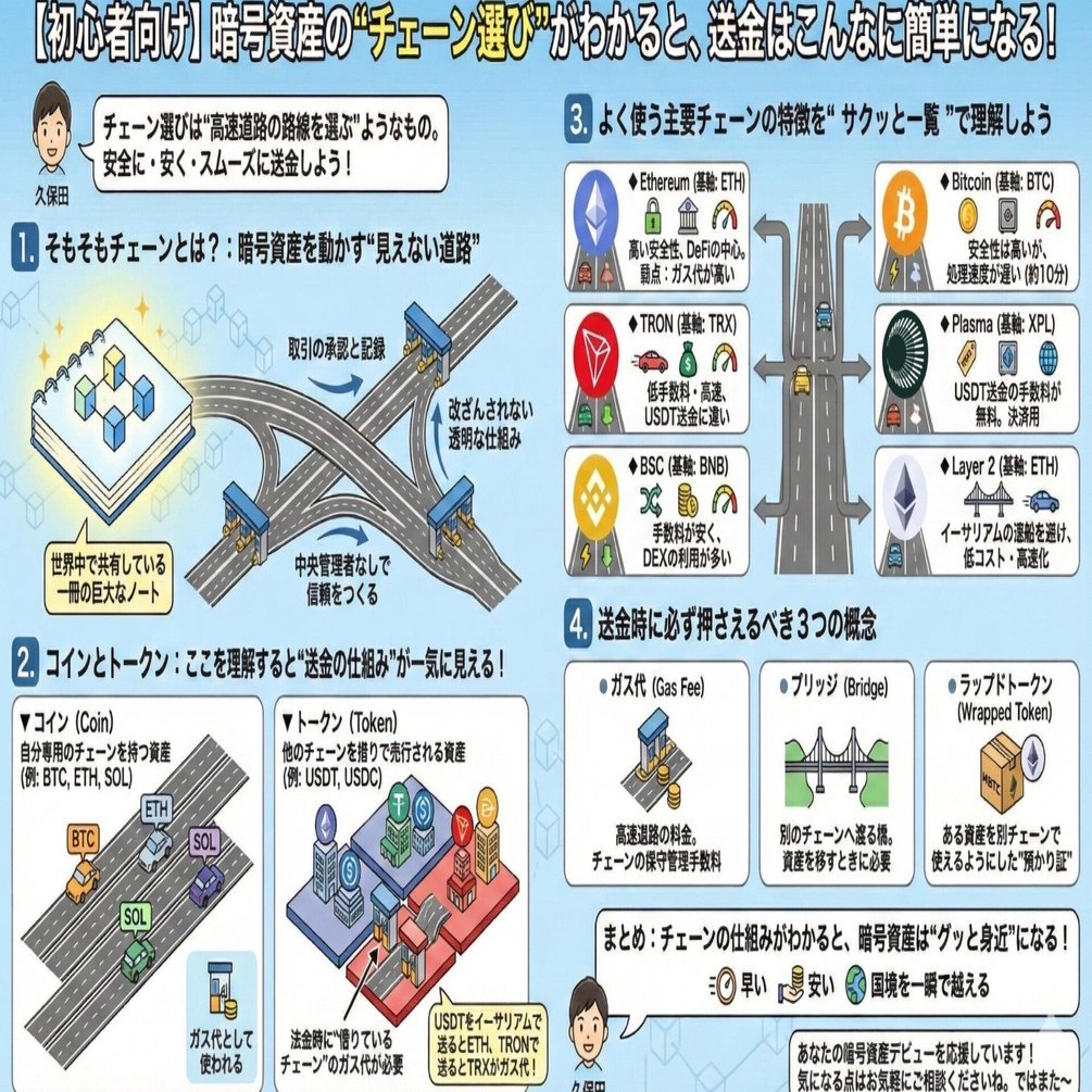 初心者向け】暗号資産の“チェーン選び”がわかると、送金はこんなに簡単になる！｜くぼた