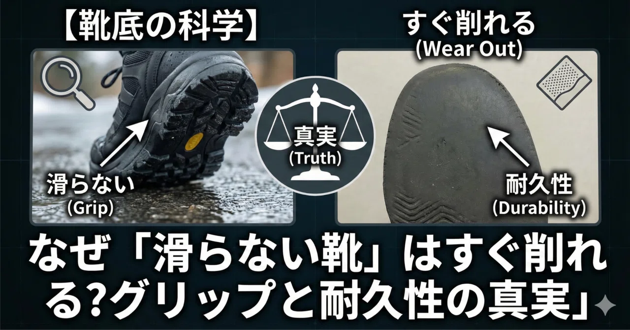 【靴底の科学】なぜ「滑らない靴」はすぐ削れる?グリップと耐久性の真実｜こば 足トラブルを減らす靴の話